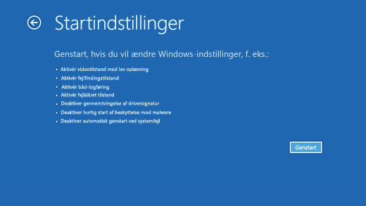 Skærmen Startindstillinger i Windows Genoprettelsesmiljø.