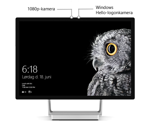 Et billede af Surface Studio-skærmen med etiketter, der identificerer positionen af de to kameraer tæt på midten af den øverste del