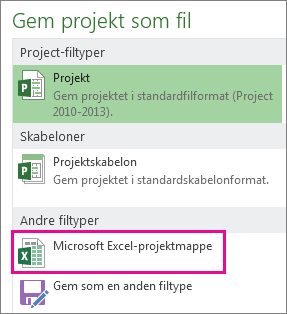 Gem projektfil som Microsoft Excel-projektmappe