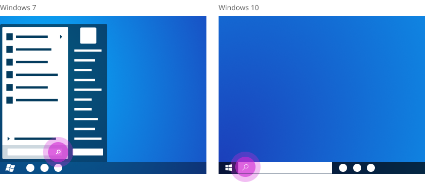 En sammenligning af søgefeltet i Windows 7 og Windows 10.