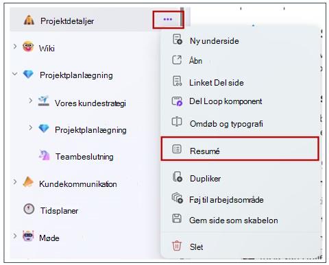 Knappen Opsummering fra venstre navigationsfane