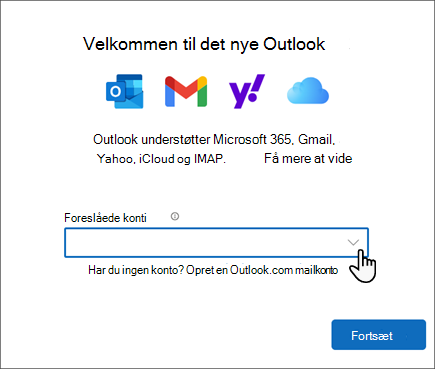 Skærmbillede af den nye velkomstskærm i Outlook
