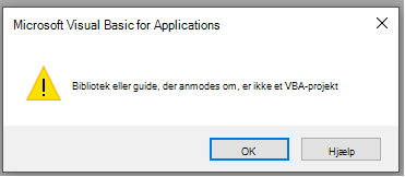 Skærmbillede af fejlen i Microsoft Visual Basic for Applications-vinduet