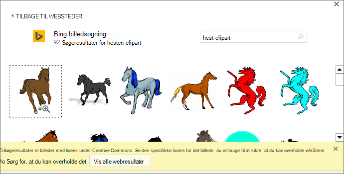 En søgning efter "hest clipart" giver dig en lang række billeder med en Creative Commons-licens.