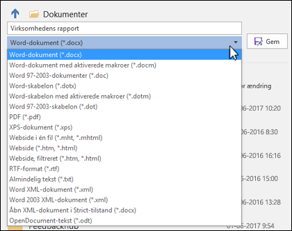 Klik på rullelisten filtyper for at vælge et andet filformat til dit dokument
