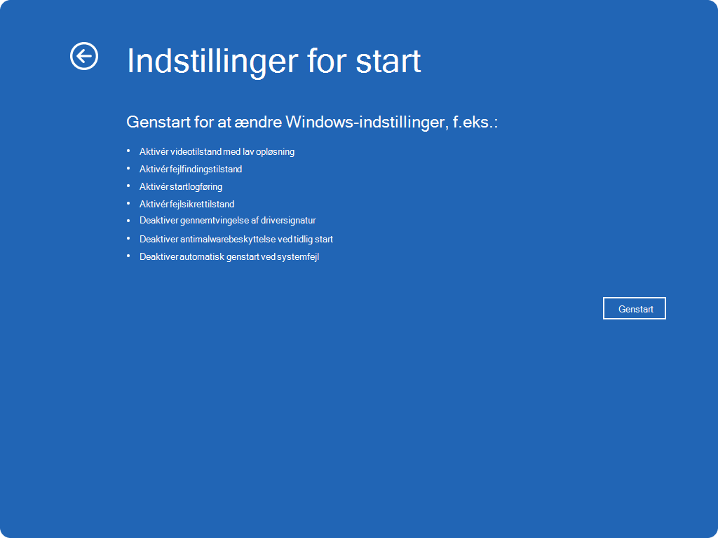 Skærmbillede af Windows RE – startindstillinger.