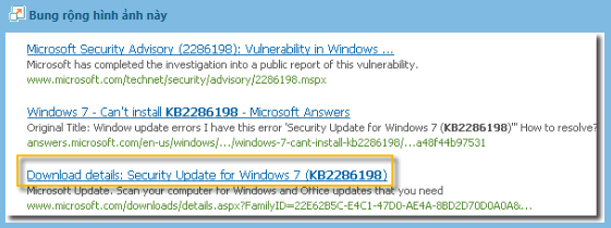 Microsoft Download Center søger automatisk efter alt indhold, der er relateret til det opdateringsnummer, du har angivet. Vælg sikkerhedsopdateringen til Windows 7 baseret på dit operativsystem.