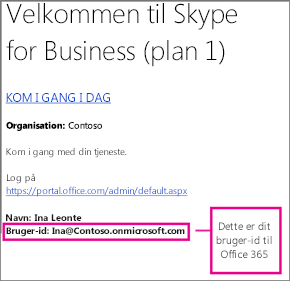 Et eksempel på den velkomstmail, du modtog, efter at du havde tilmeldt dig Skype for Business Online. Den indeholder dit bruger-id til Office 365.