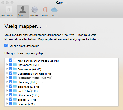 Dialogboksen Vælg mapper under vinduet OneDrive til Mac Indstillinger