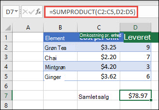 Eksempel på funktionen SUMPRODUKT, der bruges til at returnere summen af solgte varer, når der er angivet enhedsomkostninger og antal.