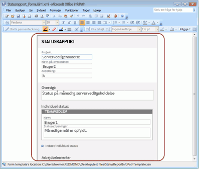 Eksempel på statusrapportformular i Office InfoPath 2007