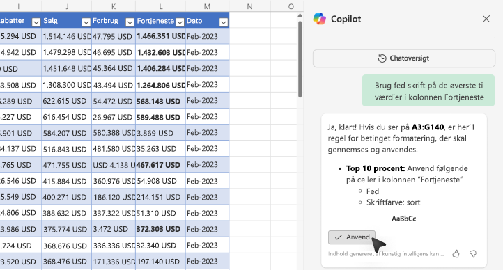 Skærmbillede af, hvordan du gør værdier fed ved hjælp af Copilot i Excel.