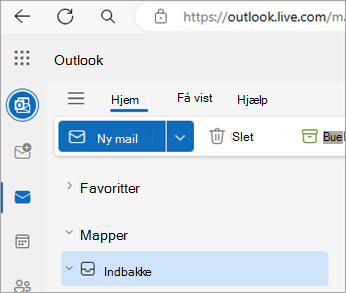 Skærmbillede, der viser Outlook.com startside