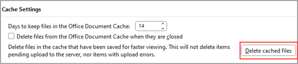 Skærmbillede, der viser knappen "Slet cachelagrede filer" under Cacheindstillinger.