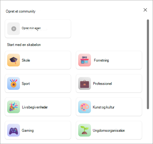 Skærmbillede af knapperne til at oprette et community med eller uden en skabelon i Communities i Microsoft Teams (gratis).