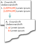 listnum-felter, der er brugt til at generere bogstaver på samme linjer som tal