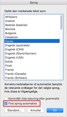Outlook 2016 til Mac – indstillingen Find sprog automatisk