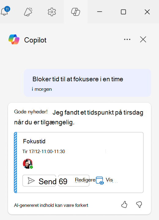 Skærmbillede af, hvordan du bruger Fokusblokke med Assisteret planlægning i Chat i Outlook.