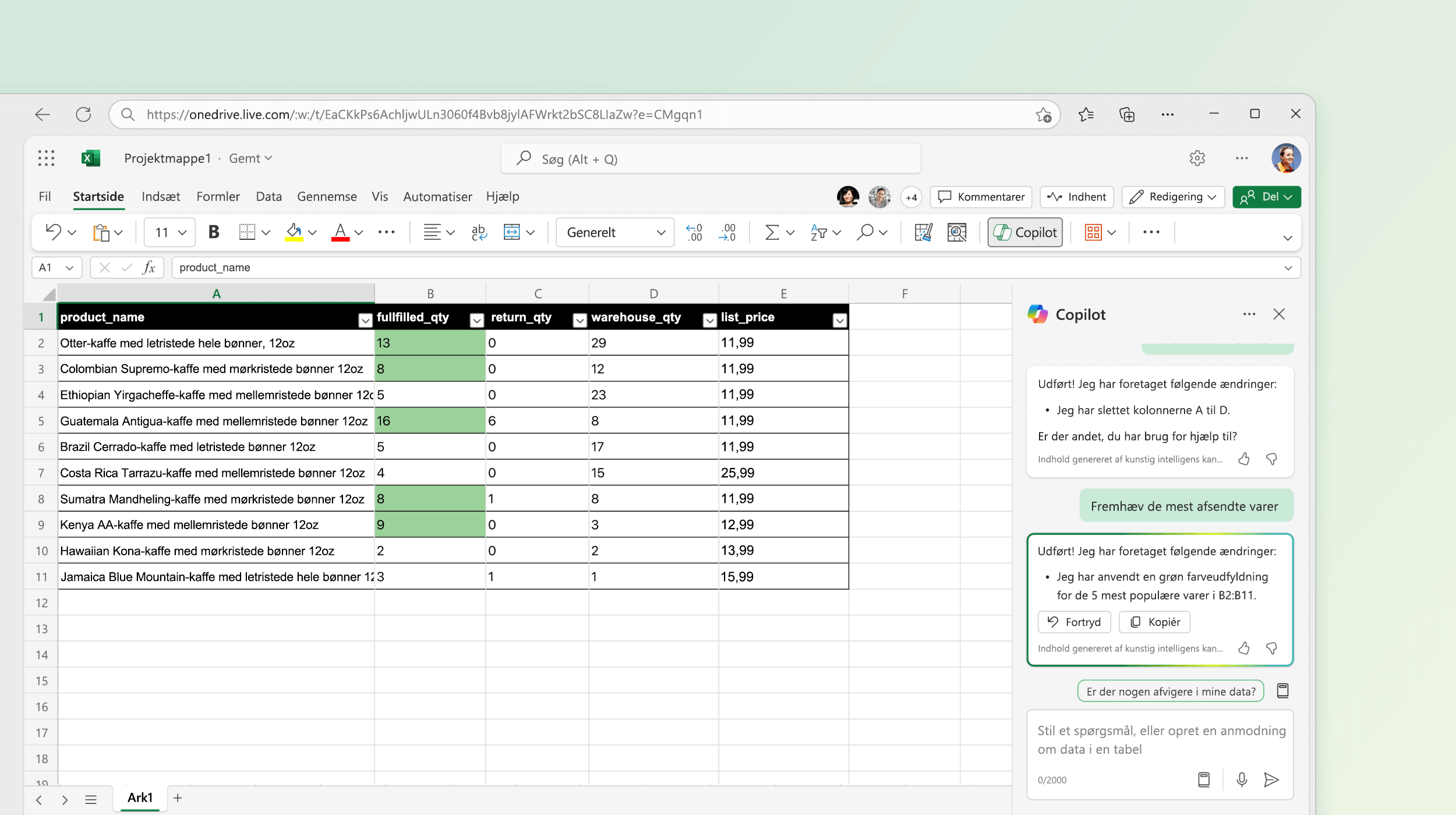 Skærmbillede, der viser, at Copilot i Excel foretager ændringer i eksisterende data.
