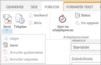 Send, Publicer knapper under fanen Publicer i redigeringstilstand.