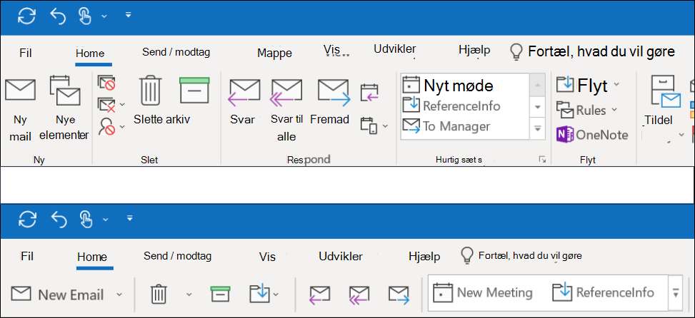 Nu kan du vælge mellem to forskellige oplevelser i båndet i Outlook.