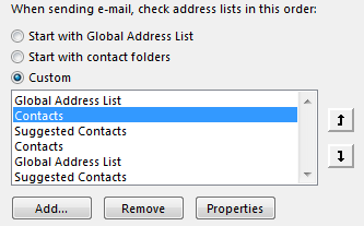 Du kan definere den rækkefølge, som Outlook får adgang til dine adressekartoteker i, ved at bruge pilene.