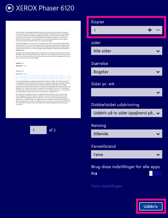 Printerindstillinger i Windows 8 Reader