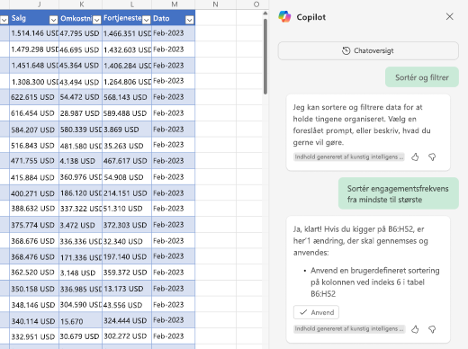 Skærmbillede af, hvordan du sorterer data ved hjælp af Copilot i Excel.