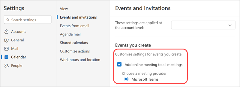 Gør Microsoft til din standardudbyder af onlinemøder i Kalenderindstillinger.