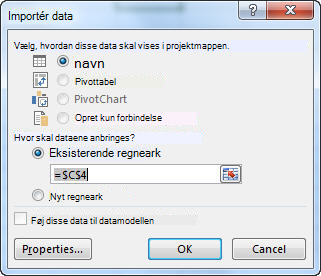 Dialogboksen Importér data i Excel