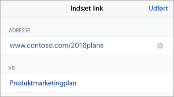 Dialogboksen Indsæt link, der viser felterne ADRESSE og VIS.