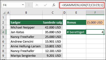Eksempel på, hvordan du bruger XSAMMENLIGN til at finde antallet af værdier over en bestemt grænse ved at søge efter et nøjagtigt match eller det næststørste element