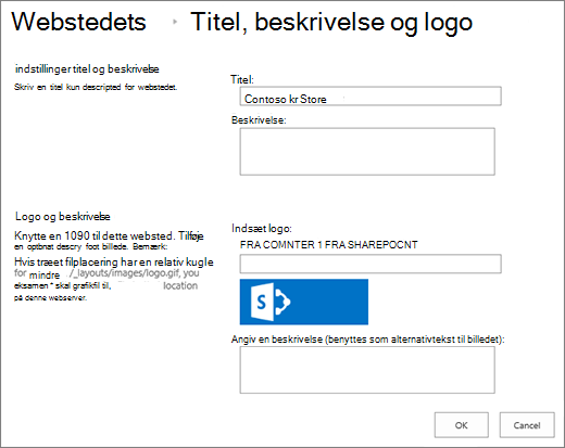 Indstillingsside for titel, beskrivelse og logo