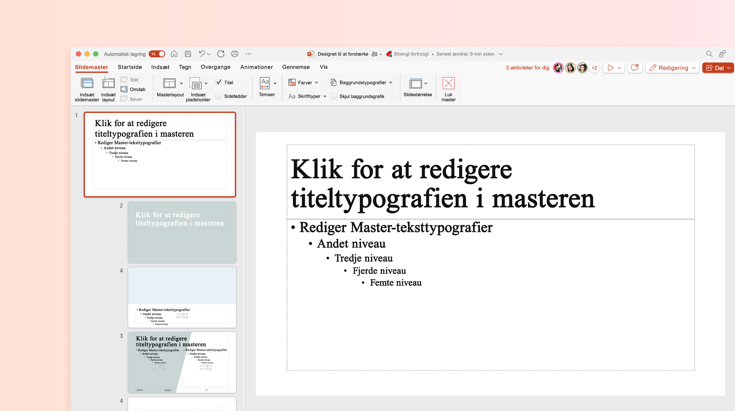 Skærmbillede viser en Silde Master i PowerPoint-skabelon.