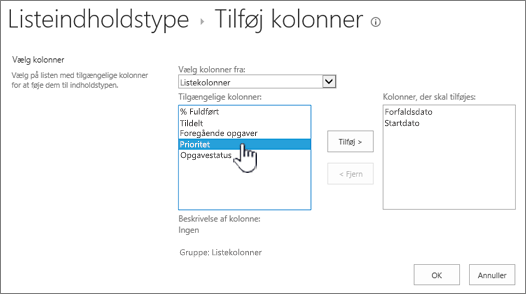 Siden Tilføj kolonner med en tilgængelig kolonne fremhævet