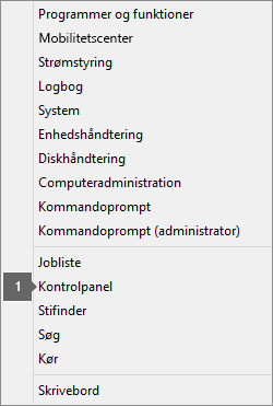 Liste over indstillinger og kommandoer, når du trykker på Windows-logotasten+x