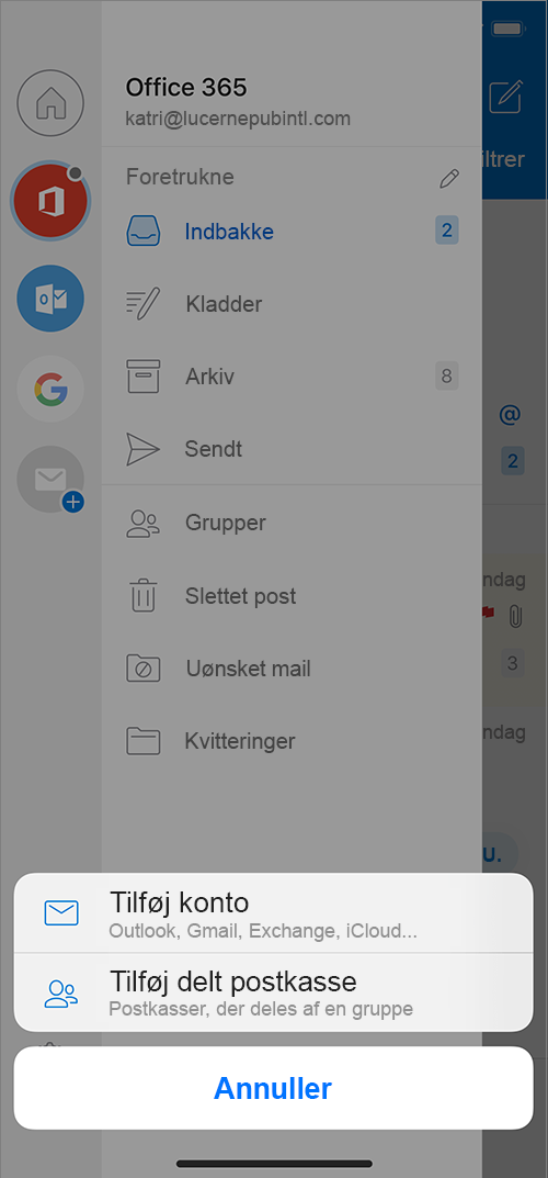 Outlook-skærmbillede med kommandoen Tilføj delt postkasse