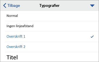 Dialogboksen Typografier med Overskrift 1 markeret.