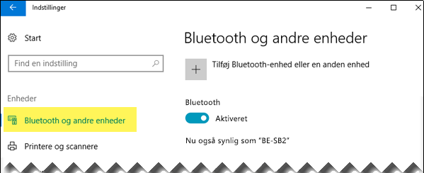 Sørg for, at indstillingen Bluetooth-enheder og andre enheder er valgt i venstre side.