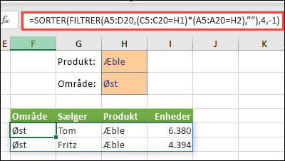 Brug FILTRER sammen med funktionen SORTER for at returnere alle værdier i vores matrixområde (A5:D20), der har æbler OG er i området Øst, og sortér derefter Enheder i faldende rækkefølge.