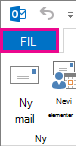Skærmbillede af venstre del af Outlook-båndet med markeret fil