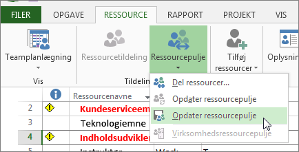 Opdater ressourcepuljen efter redigering af ressourcer i en delefil