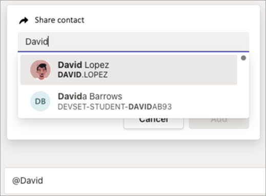 Skærmbillede, der viser, hvordan du henter en kontakt for at dele ved hjælp af @mention.