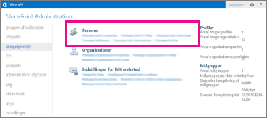 Et skærmbillede af SharePoint Online Administration, hvor siden med brugerprofiler er valgt.