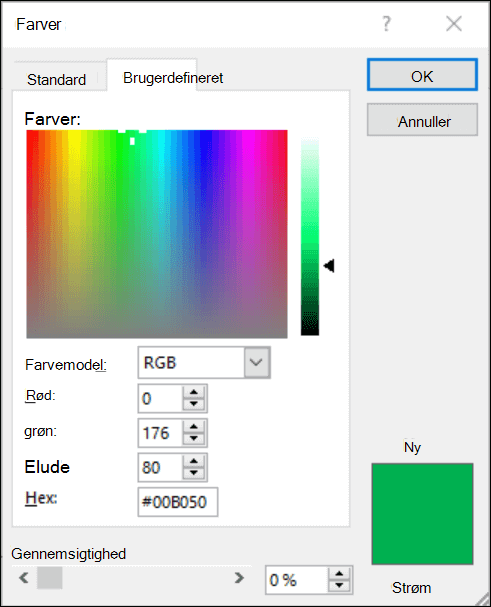 Farvevælger i Office-apps. Under RGB-felterne er der et nyt felt til at angive hex-farveværdi.