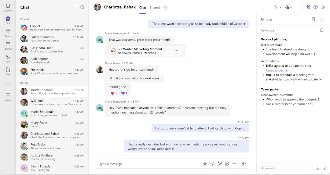 AI-genererede noter opdateret i en Teams-chat