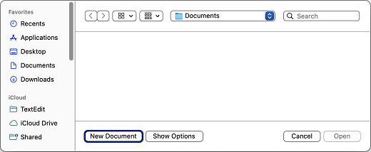 TextEdit-vindue med knappen Nyt dokument.