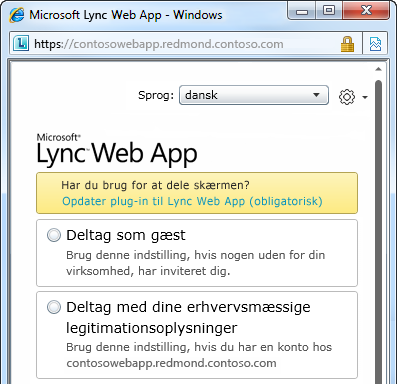 Indstillinger til deltagelse i et møde med Lync Web App