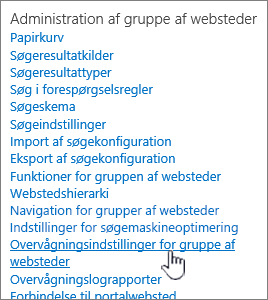 Overvågningsindstillinger for grupper af websteder er valgt i dialogboksen Indstillinger for websted.