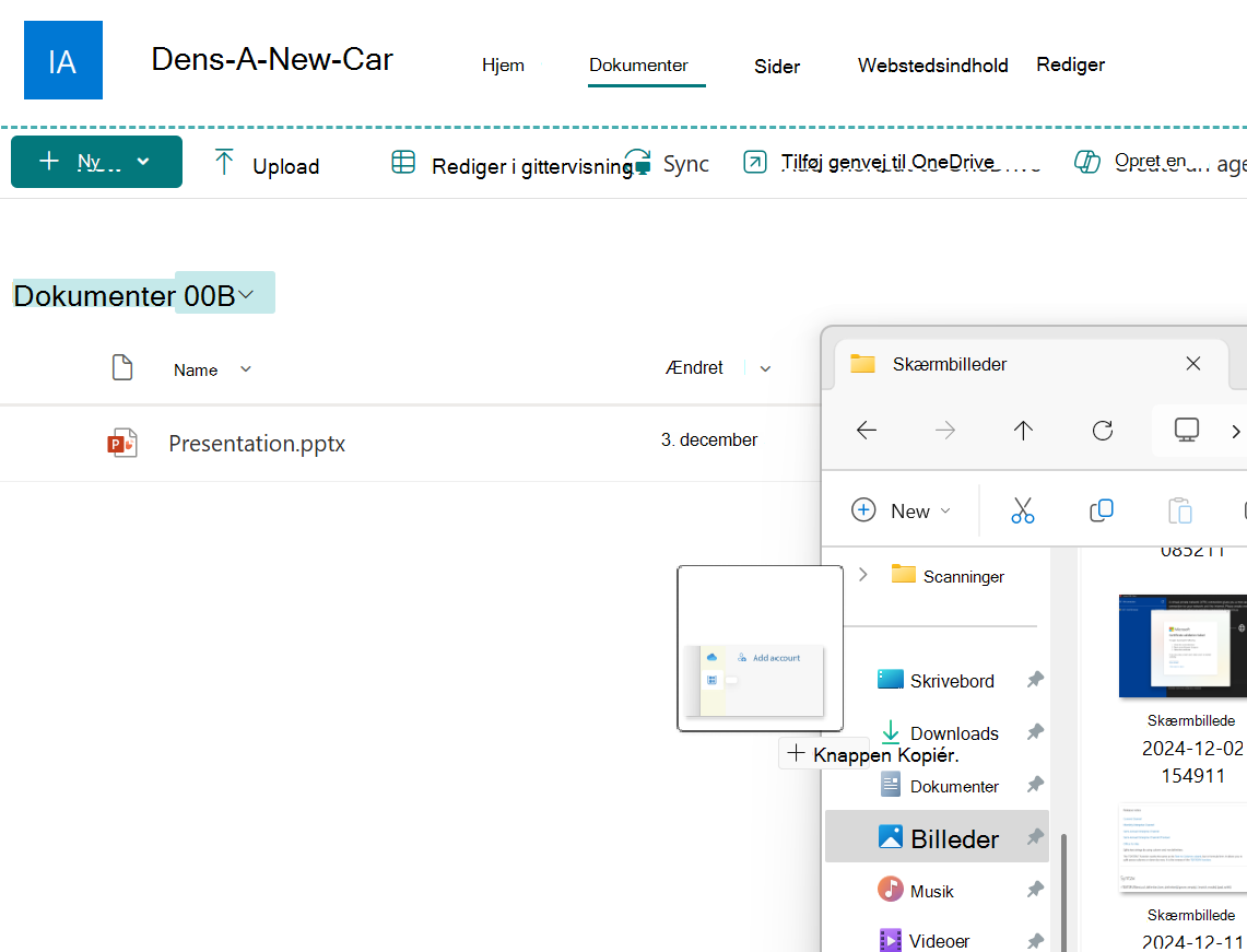 En billedfil, der trækkes fra et Stifinder-vindue til et SharePoint-dokumentbibliotek